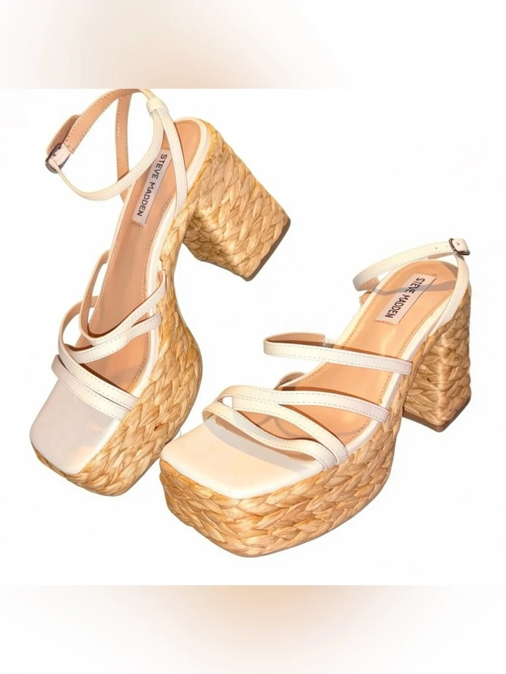 Steve Madden NWT Belise White Leather Raffia Platform Block Heel Sandals 7.5M